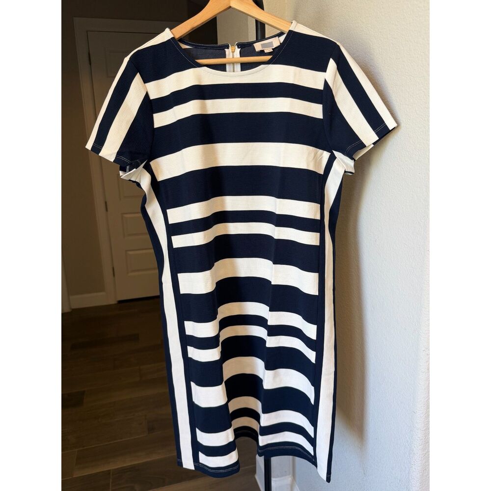 NWOT J.Crew SAMPLE Navy Ivory Striped Ponte Sheath Dress Womens 14 Short Sleeve